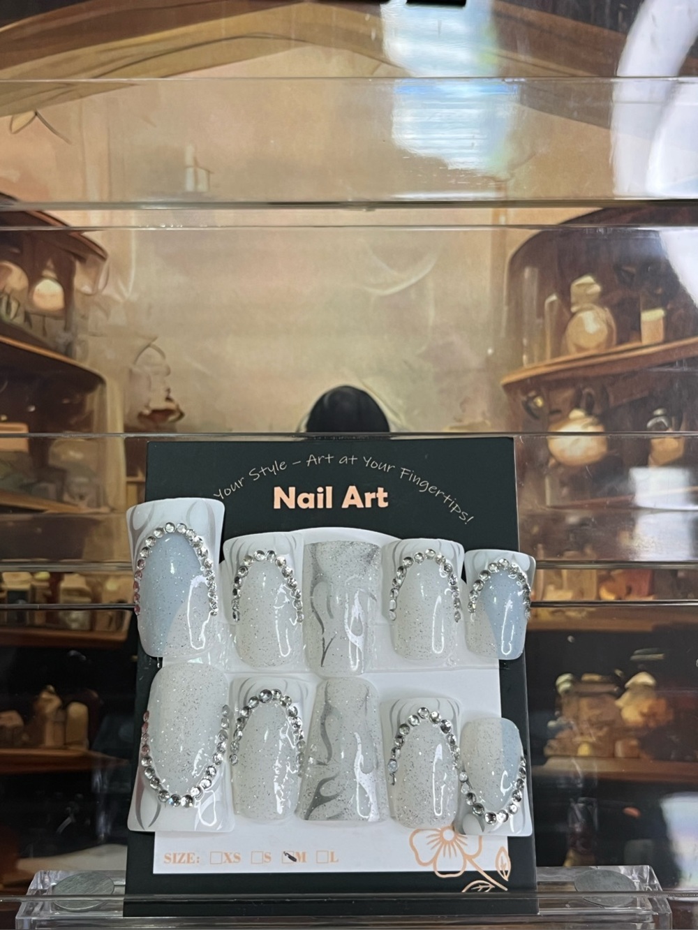 Press-On Duck Nail Set Rhinestone White Glitter